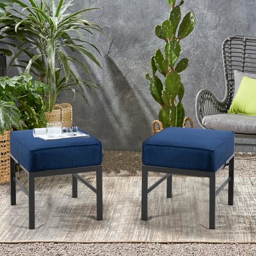 Auzfy 2 Pieces Outdoor Ottomans for Patio, Assembled Patio Ottomans with Bule Cushions, Metal Small Outdoor Footrest for Patio Porch Yard Garden Deck, Gray Frame