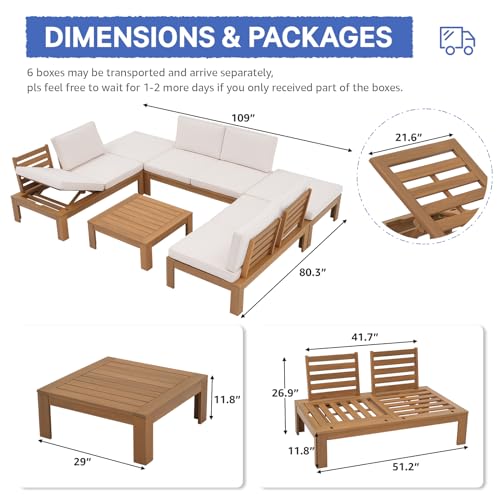 SUNSITT 6 Piece Acacia Wood Patio Furniture Outdoor Sectional Sofa Set with Adjustable Armrest, FSC Certified L-Shaped Patio Set w/2-in-1 Coffee Table, Cream White Cushions for Garden