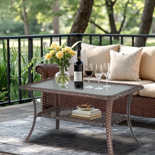 VINGLI Outdoor Coffee Table with Storage Wicker Patio Coffee Table, Tempered Glass Top Coffee Table for Patio Outside Balcony Porch Deck (Brown)