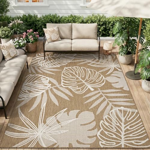 MontVoo-Outdoor Rug-Patio Rug 5x7 ft Polypropylene Indoor Outdoor Rugs Outdoor Carpet for Patio Deck Balcony Porch, Textured Weave, Durable for High Traffic, Fade-Resistant, Tropical Neutral Brown