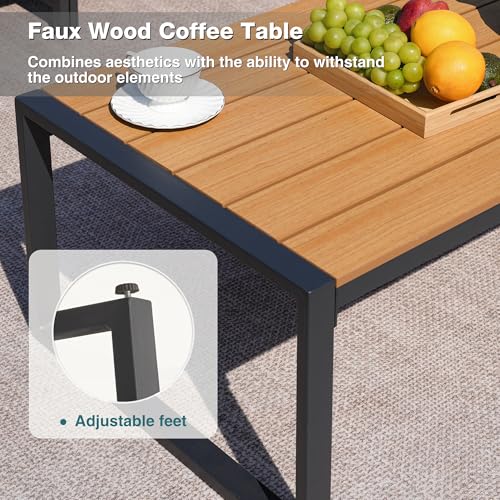 COMLAX FIELD Patio Furniture Set, 4 Pieces Outdoor Furniture Patio Conversation Set with High Back, Faux-Wood Armrest and Tabletop, Outdoor Couch Patio Sofa Set for Balcony, Porch, Backyard, Grey