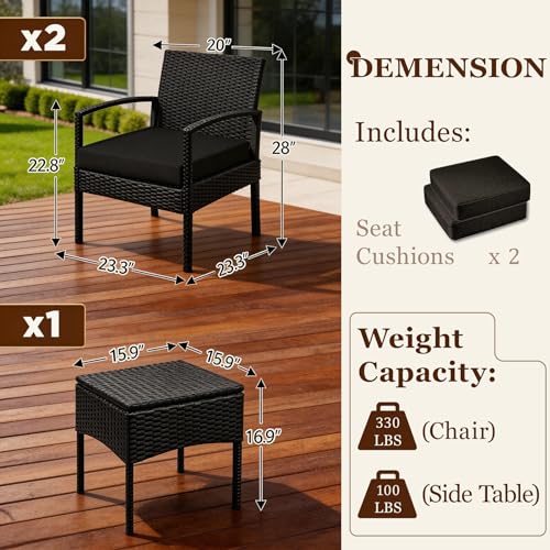 PROHIKER 3 PCS Patio Rattan Conversation Bistro Chairs Set, Outdoor Patio Furniture Wicker Bistro Set with Coffee Table for Garden Porch Balcony Yard Lawn, Black