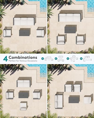 SERWALL HDPE Patio Conversation Set, 6-piece Sectional Outdoor Furniture Set, All Weather Outdoor Couch Set Patio Furniture Set for Deck, Lawn, Grey Frame with Khaki Cushion