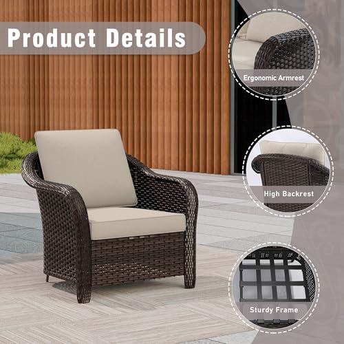 Qsoer Outdoor Wicker Chair Set of 2, All-Weather Use Patio Rattan Chair with Seat and Back Cushion, Ideal for Porch, Backyard, Balcony, Poolside, Beige