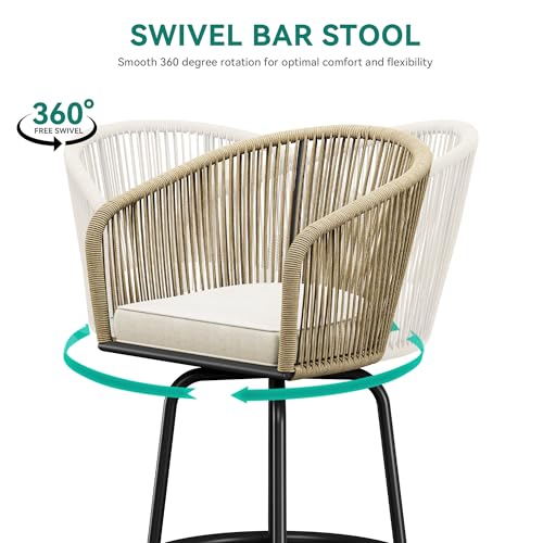 YITAHOME Counter Height Bar Stools Set of 2, Outdoor Bar Stools with Soft Cushions, Patio Rattan Swivel Bar Chairs for Backyard Poolside, Garden w /360 Rotation (Beige)