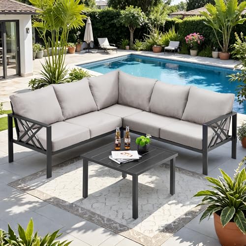 Patio Furniture Set, 6-piece Metal Sectional Furniture Sofa with Coffee Table, L Shaped Outdoor Couch with Olefin Cushion, Highback Frame, Outdoor Patio Conversation Sets for Balcony Backyard, Grey