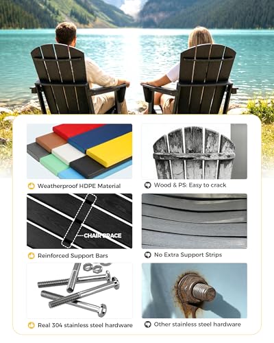 EcoVida Outdoors Folding Adirondack Chair, Lightweight & Portable HDPE Patio Chair, All-Weather Space-Saving Foldable Fire Pit Seating for Camping, Backyard, Deck-Black
