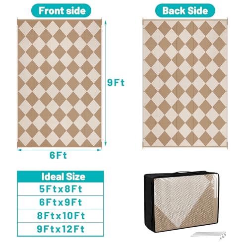 HEBE Outdoor Rug Waterproof 6x9, Checkered Plastic Straw Rug RV Camping Rug, Reversible Outdoor Patio Mat Clearance, Outside Carpet for Porch,Deck,Camper,Balcony