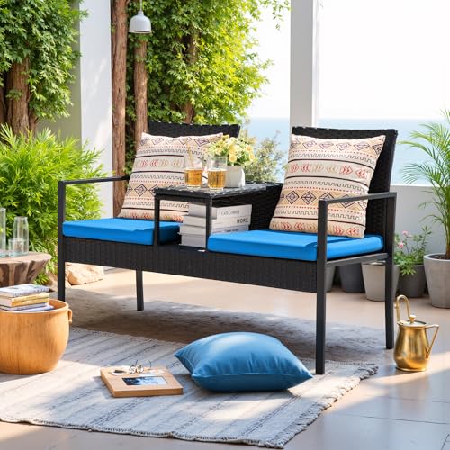 Devoko Patio Conversation Sets Outdoor Loveseat with Built-in Table & Cushions Wicker Patio Furniture Porch Chairs Bench for Lawn, Backyard, Balcony (Blue)