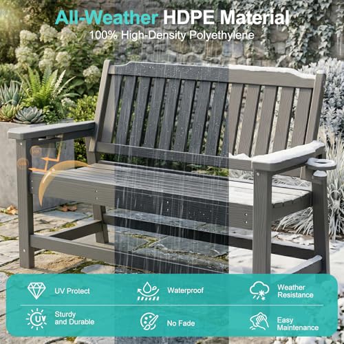 WELYAS Outdoor Bench with Unique 2 Cup Holders, Easy Assemble All Weather Low Maintenance Sturdy HDPE Bench for Garden Porch 2 Person,Grey