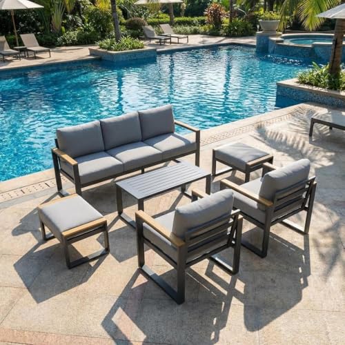 IDEALHOUSE Aluminum Patio Furniture Set, 7 Seats Outdoor Patio Conversation Sets with Coffee Table, 6 Pieces Metal Conversation Sectional Furniture Sofa for Balcony, Garden, Deck, Backyard,Gray