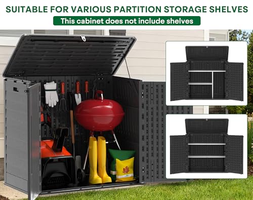 IWDOO Outdoor Storage Shed, 30 Cu Ft Waterproof Horizontal Resin Storage Cabinet, Weather-Resistant Garden Shed Trash Can Storage with Pad-Lockable Doors for Backyards (Black)