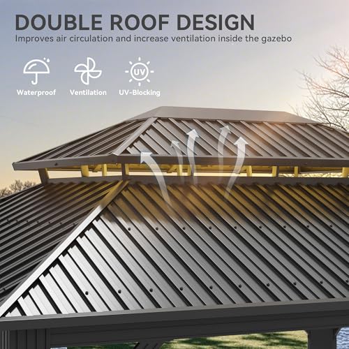 YITAHOME 12x14ft Hardtop Gazebo with Nettings and Curtains, Heavy Duty Double Roof Galvanized Steel Outdoor Combined of Vertical Stripes Roof for Patio, Backyard, Deck, Lawns, Gray