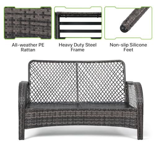 Magshion Outdoor Patio Loveseat Set, 2 Seat Sofa Furniture Set with Soft Cushions and SideTable, All-Weather Rattan Conversation Couch for Backyard, Balcony, and Deck, Grey