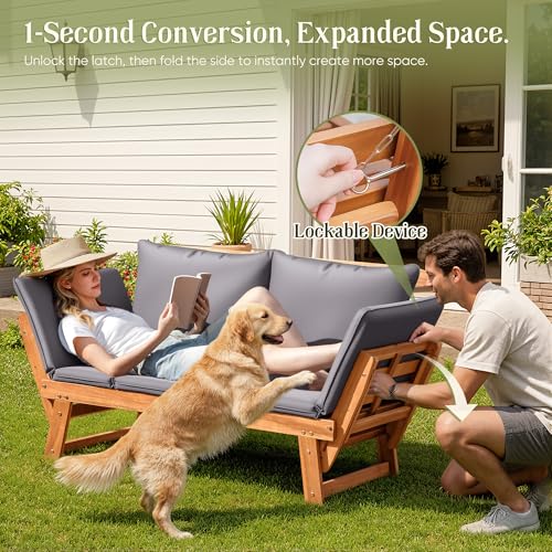 Flamaker Outdoor Couch with Adjustable Armrests, Acacia Wood Patio Loveseat with Soft Cushions, Convertible Patio Furniture for Balcony, Porch, Backyard (Grey)