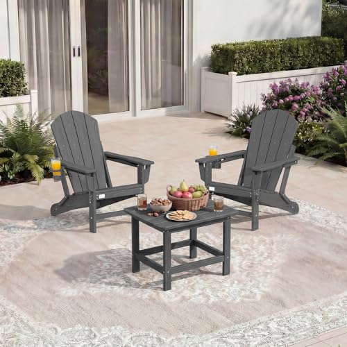 Mdeam Oversized 3-Level Adjustable Adirondack Chairs Set of 2, 400LBS Capacity HDPE Heavy Duty Tanning Chair with Cup Holder, All-Weather Folding Fire Pit Outdoor Chair for Patio Garden Lawn - Grey