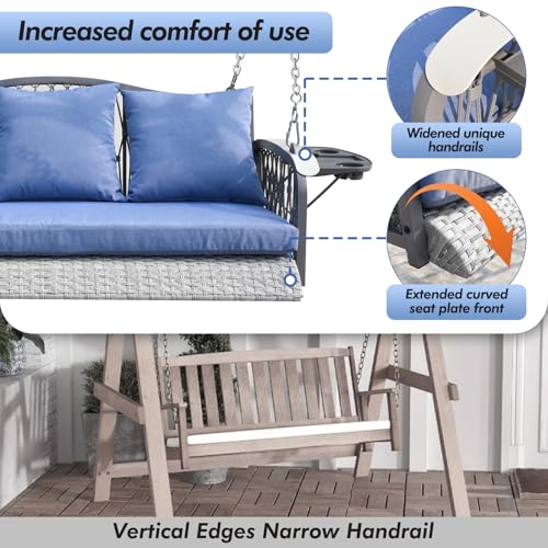 ZZW Wicker Porch Swing Heavy Duty 900 LBS 3-Seat Outdoor Patio Swing Chair with Cushions & 8.9ft Chains Outdoor Hanging Bench with Upgraded Cup Holders for Garden Deck Backyard