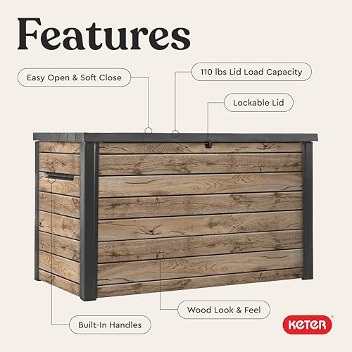 Keter Signature Collection 230 Gallon Resin Deck Box Organization and Storage Box for Patio Outdoor Cushions, Throw Pillows, Garden Tools and Pool Supplies, Pine