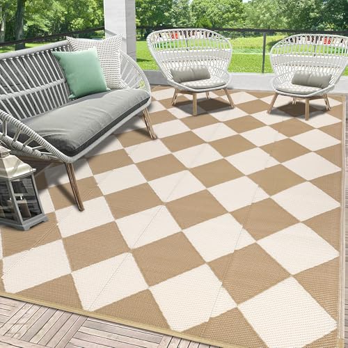 HEBE Outdoor Rug Waterproof 6x9, Checkered Plastic Straw Rug RV Camping Rug, Reversible Outdoor Patio Mat Clearance, Outside Carpet for Porch,Deck,Camper,Balcony