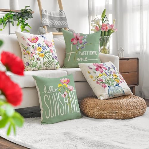WOKANI Outdoor Throw Pillow Covers 18x18 Set of 4 Spring Summer Garden Flowers Farmhouse Patio Decorative Cushion Covers Home Decor Couch for Sofa Bedroom Livingroom