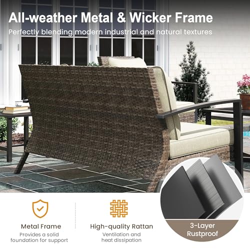 Green4ever Patio Sofa, 2 Pieces Patio Furniture Set with Coffee Table, Wicker Outdoor Furniture with Cushions, Outdoor Couch Set for Porch, Outside Couch for Pool, Deck, Garden, Backyard, Beige