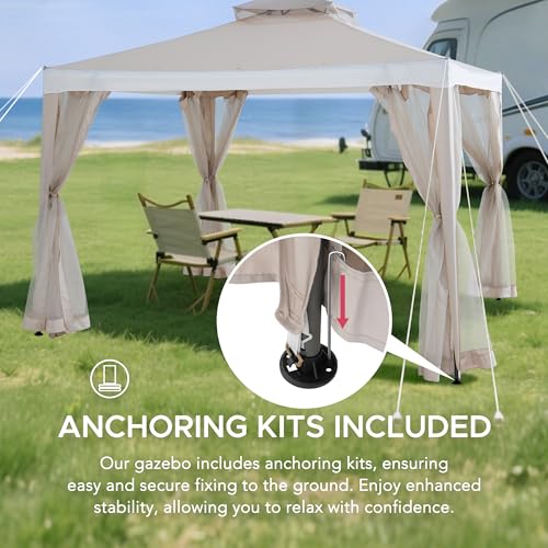 Sunjoy 10 x 10 ft. Soft Top Gazebo, Outdoor Patio Backyard Modern 2-Tier Steel Frame Gazebo with Mesh Netting - Beige & White