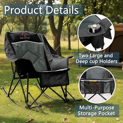 RED CREAT 400lbs Rocking Camping Chair, Oversized Heavy Duty XL Folding Rocker for Adults, Padded High Back Big & Tall Support, with Cup Holders & Carry Bag for RV, Lawn, Patio & Sports