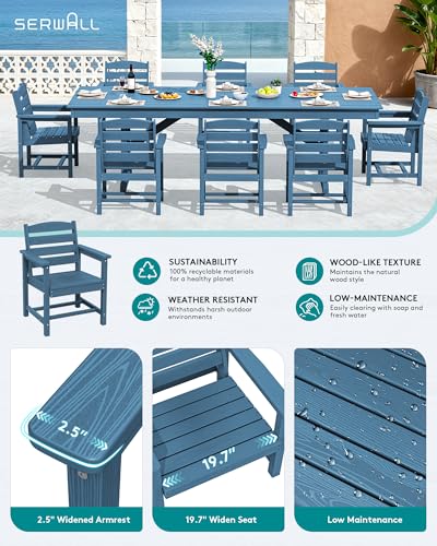 SERWALL 9 Piece Outdoor Dining Set, 84" HDPE Outdoor Table and Chairs for 8，All Weather Patio Furniture Set with Umbrella Hole for Backyard, Garden, Blue