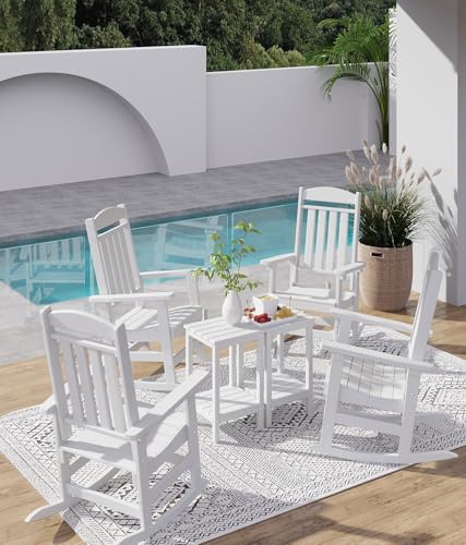 FOOWIN Patio Rocking Chairs Set of 2,HDPE High Back Porch Rocker,All Weather Resistant Poly Lumber Outdoor Porch Rocker, Rocking Chairs for Outdoor, Indoor, Patio, Deck, Garden White