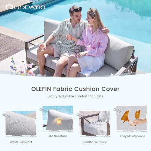 UDPATIO Aluminum Patio Furniture Set, Faux Wood Grain Modern Outdoor Furniture, 6" Cushions Metal Patio Conversation Sofa with Coffee Table for Poolside Deck, 8 PCS, Beige(Include 600D Covers)