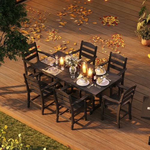 HOPUBUY 7 Pieces Patio Dining Set for 6, 71" HDPE All-Weather Patio Table and Chairs Set with Umbrella Hole, Durable Outdoor Furniture Set for Garden, Backyard, Lawn & Poolside (Black)