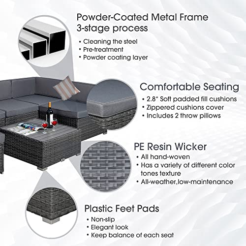 Welpatio Outdoor Patio Furniture Sets, 7 Pieces PE Rattan Wicker Outdoor Sectional Sofa Patio Conversation Set with Cushions and Coffee Table, Light Gray/Gray