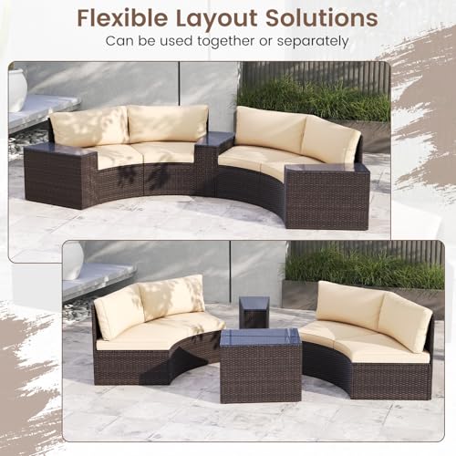 Tangkula 5 Pieces Patio Furniture Set, PE Rattan Half-Moon Curved Sectional Sofas with Tempered Glass Top Side Tables, Outdoor Conversation Set for Porch, Backyard & Poolside (Beige)
