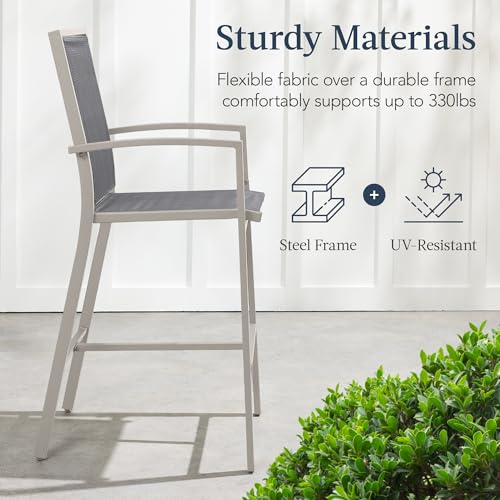 Best Choice Products Outdoor Bar Stools Set of 2, Bar Height, Patio Furniture, All Weather Mesh Design w/Armrest - Taupe/Charcoal