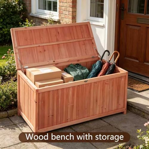 ZEUKMXOO 75 Gallon Wood Deck Box,Outdoor Storage Bench Container for Patio Furniture Cushions, Pillows, Garden Tools,Pool Accessories (Wood)