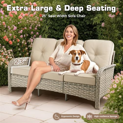 POUUIN 5-Piece Outdoor Patio Furniture Set,All Weather Wicker Rattan Patio Seating Sofa and Chair Set with Ottomans,Outdoor Conversation Sets with 3 Seater Couch for Porch Deck Yard,Beige