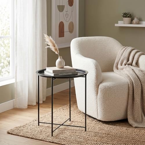 VECELO Side/End Table, Folding Round Metal Anti-Rust and Waterproof Outdoor or Indoor Tray for Living Room Bedroom Balcony and Office, 2 PCS, Black
