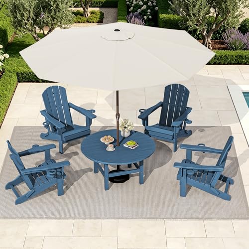 SERWALL 35.5'' Round Outdoor Table with Umbrella Hole, HDPE Weatherproof Coffee Table, Blue