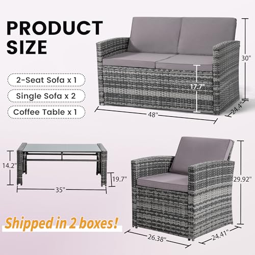 KROFEM 4-Piece Patio Furniture Set, Wicker Outdoor Rattan Sectional Sofa with Cushions and Glass Table, All-Weather Outdoor Conversation Set for Garden, Porch, Backyard, Patio, Light Grey