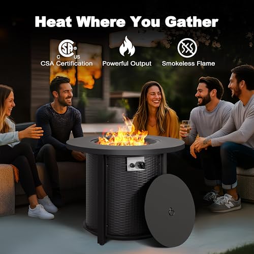 Nuu Garden 30'' Outdoor Round Propane Fire Pit Table, CSA-Certified 2-in-1 Gas Fire Pit with Rattan-Embossed Metal Frame, Stainless Steel Burner, Lid & Lava Rocks, for Patio Dining & Party, Black