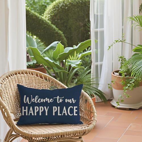 HERHOME Welcome to Our Happy Place Relax Decorative Throw Pillow Covers 12x20 Set of 2 Navy Blue Outdoor Rustic Farmhouse Porch Decor Lumbar Cushion Case Decoration for Home Sofa Couch Living Room