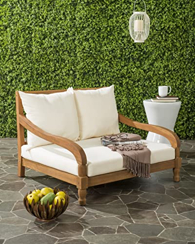 SAFAVIEH Outdoor Collection Pomona Natural Solid Wood/Beige Lounger Bench Sofa Loveseat (PAT6740A)