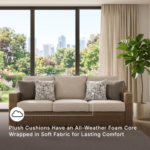 Signature Design by Ashley Carmel Bay Outdoor Sofa, Handwoven Resin Wicker Patio Couch, Rust-Resistant Aluminum Frame, 3-Seater for Backyard or Sunroom, Beige, 84" W