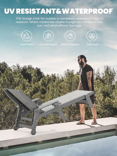 SERWALL Textilene Patio Chaise Lounge Chair Set of 2, 5 Positions Outdoor Lounger with Rolling Wheels for Pool, Deck, Gray