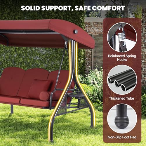 3 Seat Outdoor Porch Swing with Adjustable Canopy,2 in 1 Patio Swing Bed with Stand 800lbs for Adults,Outdoor Swing with Removable Cushion, Cup Holder ＆4 Pillow for Backyard, Porch, Garden，Red