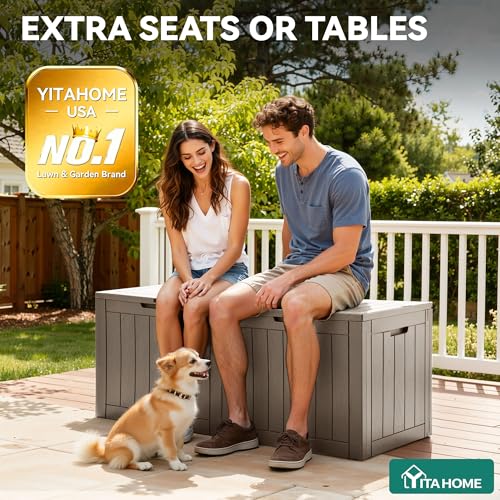 YITAHOME 31 Gallon Outdoor Storage Deck Box, Waterproof Resin Package Delivery and Storage Box with Lockable Lid for Patio Furniture Cushions, Pool Accessories, Garden Tools, Taupe