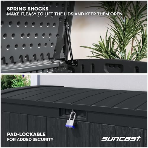 Suncast 134-Gal. Resin Extra-Large Outdoor Patio Deck Box with Pad-Lockable Lid, Modern Outdoor Patio Bench/Storage Box for Cushions, Garden Tools, and More, Iron Ore