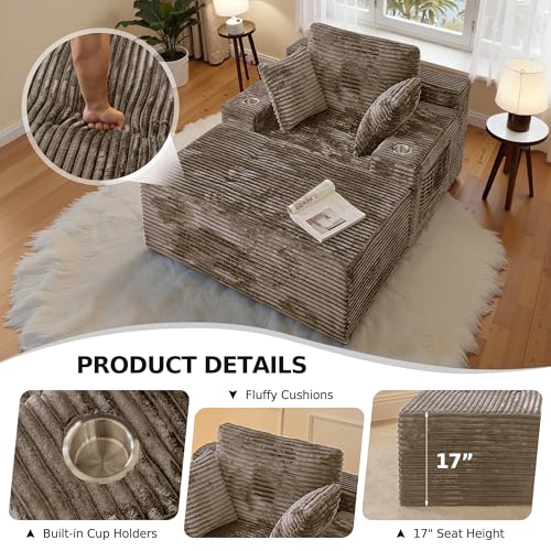 CHORRO 66" Chaise Lounge Chair Indoor,Oversized Boneless Single Sleeeper Couch Bed,Corduroy Cloud Sofa with 3 Soft Pillows for Livingroom,Bedroom,No Assembly,(Khaki)