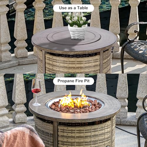 OutVue 32 inch Propane Fire Pit Table,Wicker Gas Fire Pits Table with Lid & Lava Rocks, 50000 BTU Round Propane Firepit for Outside, Fire Table for Dining,Party, Patio,Yard