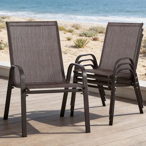 Villeston 24.4" Wide Outdoor Stackable Chairs Set of 4, Stacking Patio Chairs with Textilene Fabric, Outside Furniture for Garden Backyard Balconie Poolside Deck, Brown